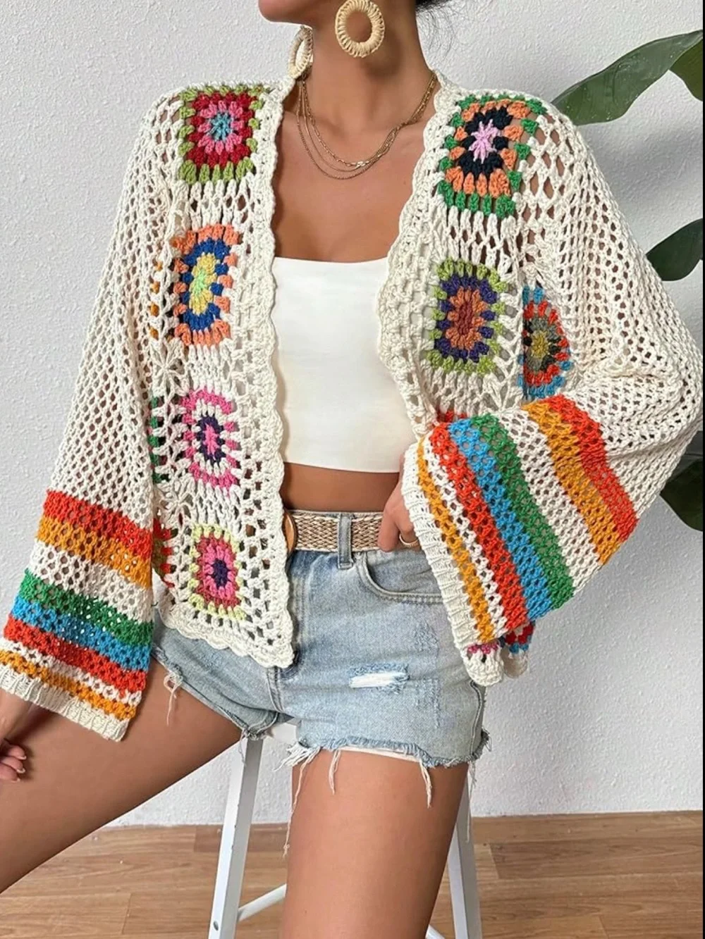 Women's Floral Crochet Cardigan Hollow Out Long Sleeve Open Front Sweater Y2K - Picture 2 of 10